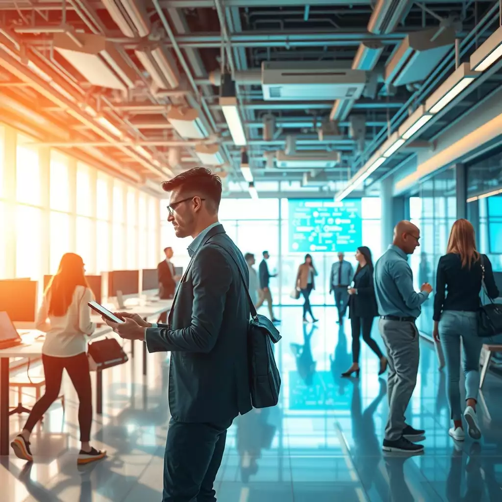 A modern office environment showcasing professionals collaborating with advanced AI tools and automation systems, highlighting innovation and efficiency in the temp staffing industry.