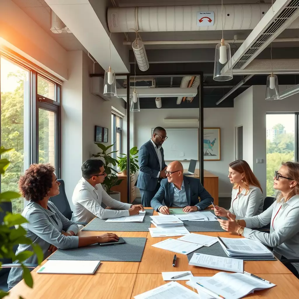 A modern office workspace featuring diverse professionals engaged in discussions, with documents on tables highlighting HR policies, reflecting collaboration and strategic planning.