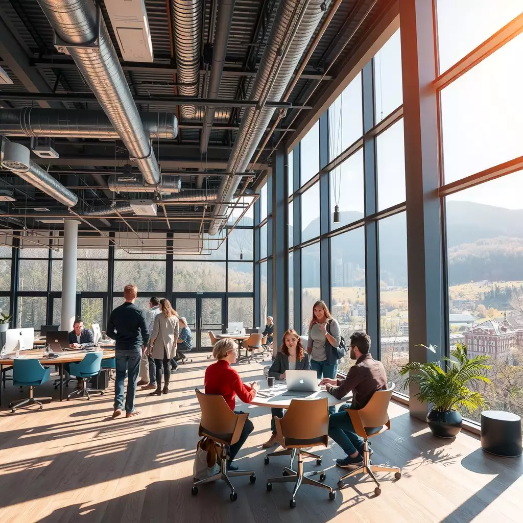 A vibrant workplace in West Virginia showcasing modern office spaces with stunning mountain views, featuring collaborative teams engaged in creative discussions and elements of local culture.