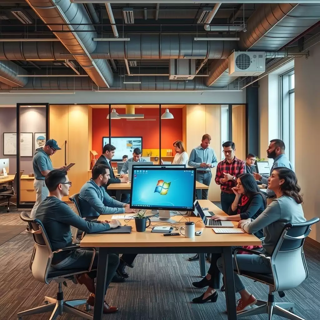 A vibrant modern workspace in West Virginia, featuring diverse professionals collaborating and brainstorming with technology in a dynamic environment.