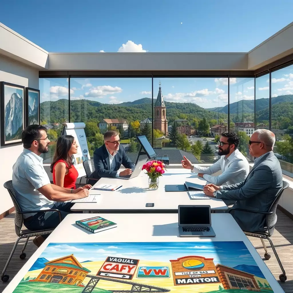 A diverse group of professionals engaged in a lively discussion around a conference table, featuring local artwork and a backdrop of Charleston's skyline and hills, embodying collaboration and innovation.