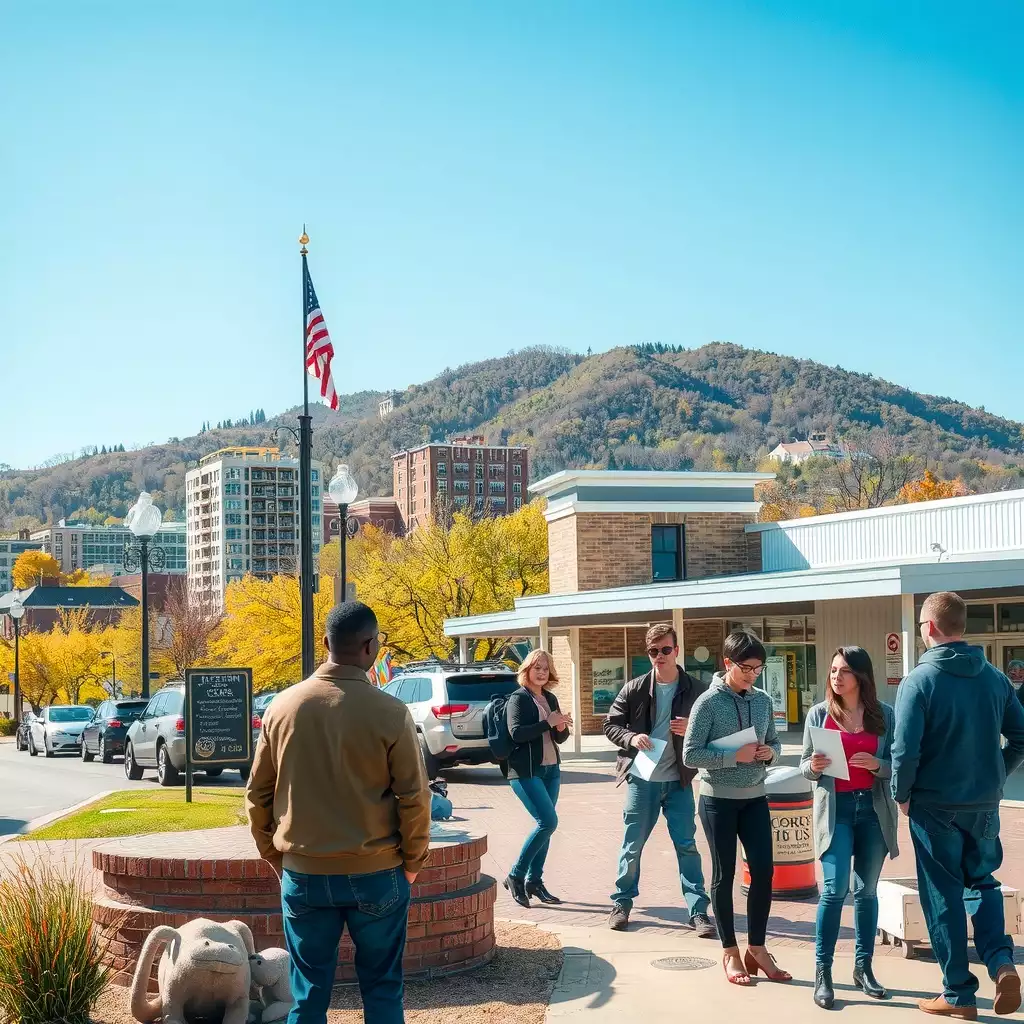 A vibrant scene showcasing a mix of urban and rural West Virginia, featuring community members engaging with informational materials about local incentives, surrounded by landmarks and a sense of community spirit.
