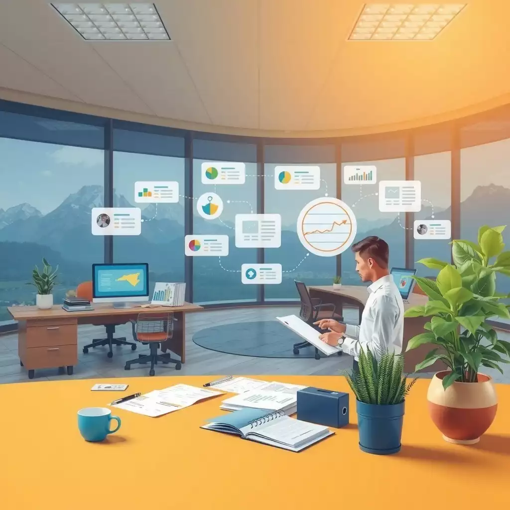 A professional in a modern office checks digital documents and tools, surrounded by elements representing West Virginia's culture and landscapes, such as the Appalachian Mountains and local flora, emphasizing compliance and oversight in public agencies.