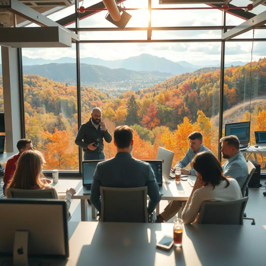 A vibrant workspace in West Virginia, showcasing diverse professionals collaborating against a backdrop of rolling hills and colorful autumn foliage.