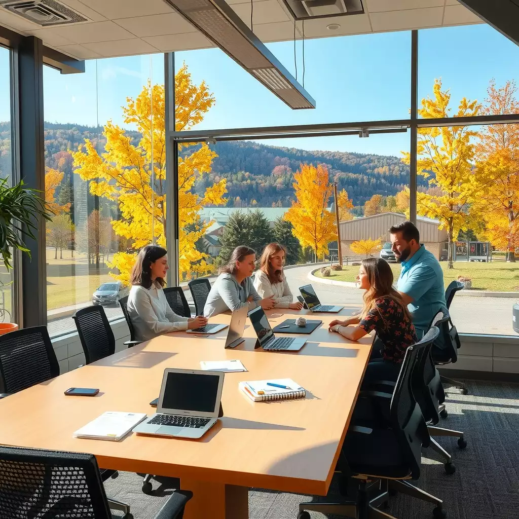 A collaborative workspace in West Virginia featuring team members engaged in discussion around a conference table, with elements reflecting the state's culture and landscape.