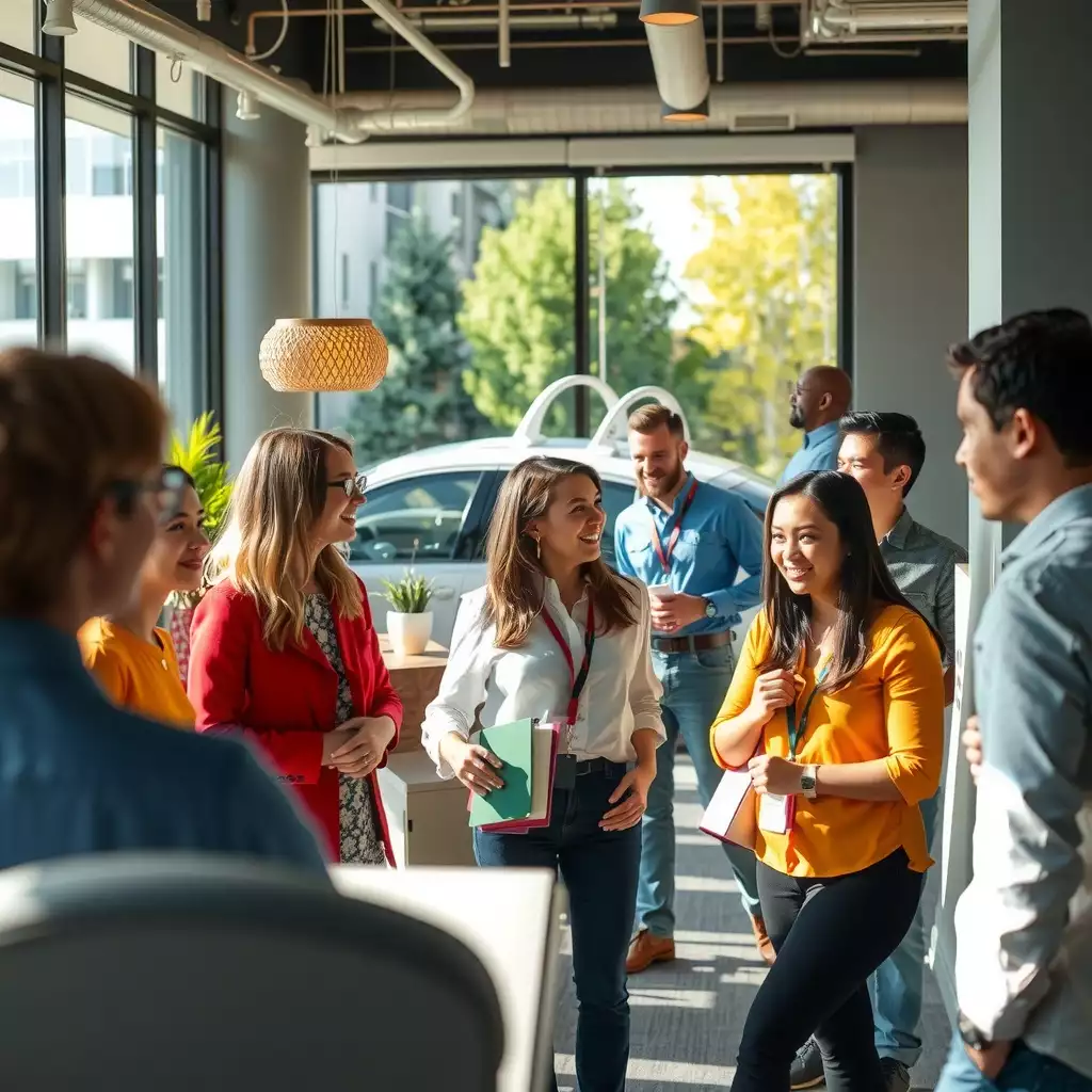 A diverse group of professionals collaborating in a modern office space, showcasing teamwork and innovation in a dynamic business environment.