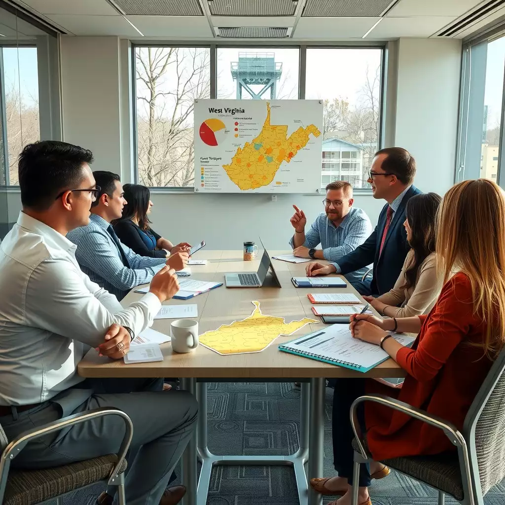 A diverse group of professionals collaborating in a modern conference room, surrounded by maps and charts representing West Virginia agencies and initiatives, conveying teamwork and innovation.