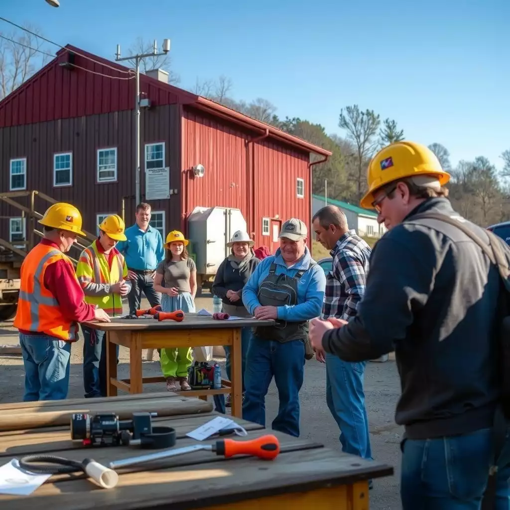 Participants engaged in hands-on training activities in an Appalachian setting, surrounded by tools and resources, showcasing collaboration and skill development.