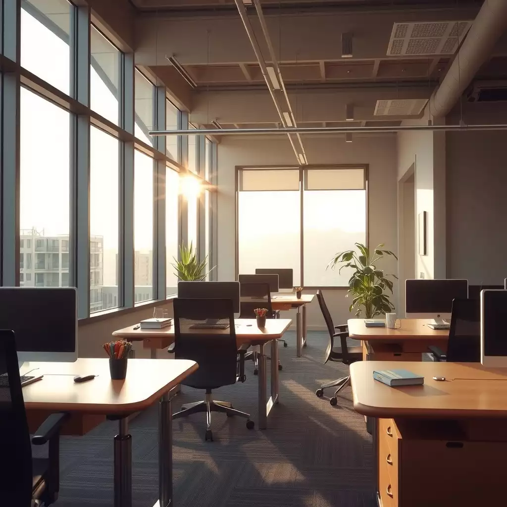 A serene office setting in West Virginia, featuring empty desks bathed in soft natural light, reflecting a thoughtful work environment that suggests strategic pause and collaboration.