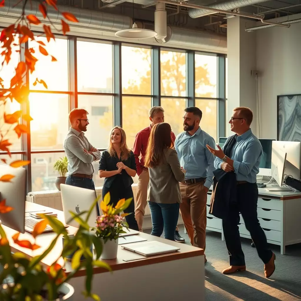 A vibrant front office scene in West Virginia showcasing diverse professionals collaborating in a modern workspace, reflecting local culture and an energetic atmosphere.