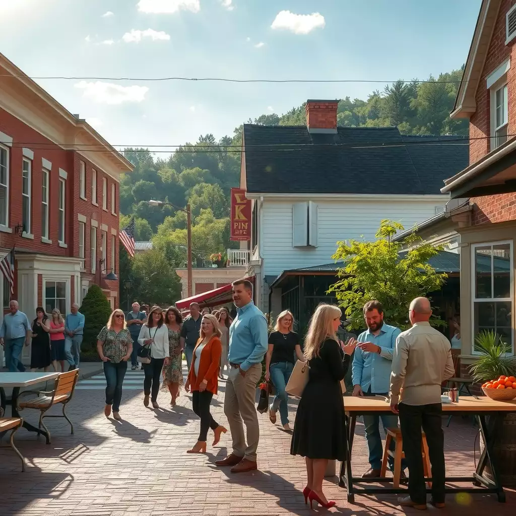 A vibrant town square scene in North Central West Virginia showcasing community collaboration and diversity, with individuals engaged in teamwork amidst charming architecture and natural beauty.
