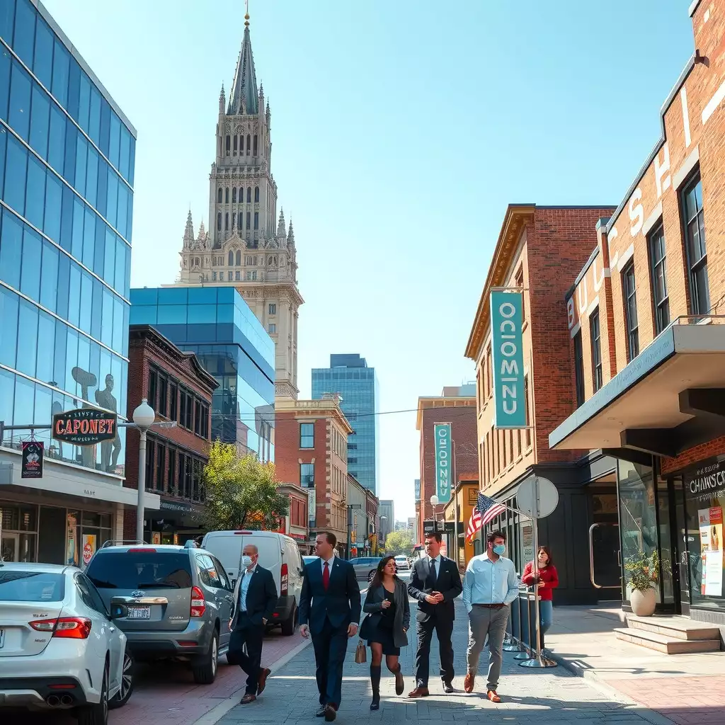 A vibrant business district in Charleston, WV, featuring diverse architecture, local businesses, and professionals engaged in conversation, showcasing a dynamic urban atmosphere.