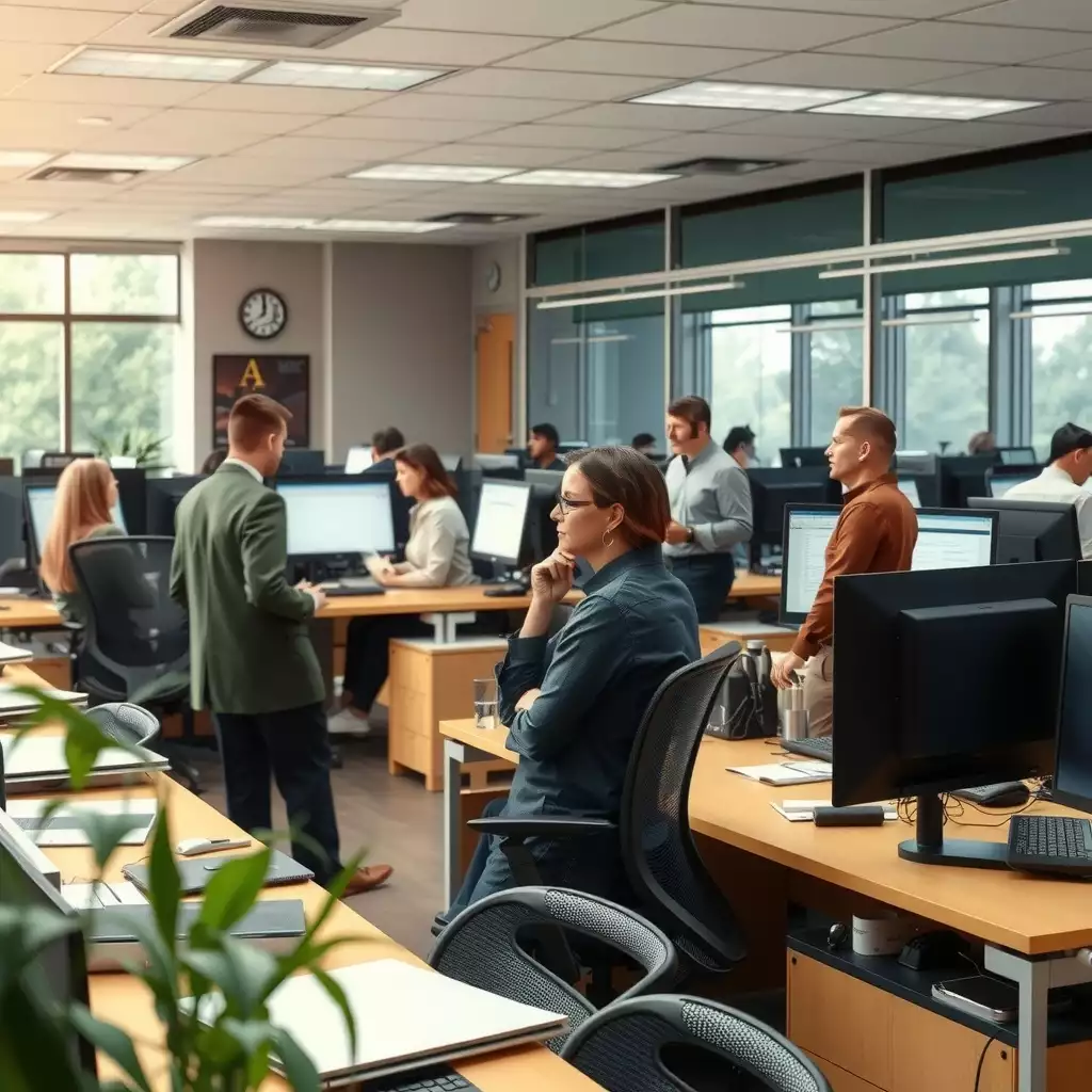 A vibrant office scene in West Virginia, featuring agency staff collaborating at workstations, surrounded by elements of local culture and emphasizing teamwork and professionalism.