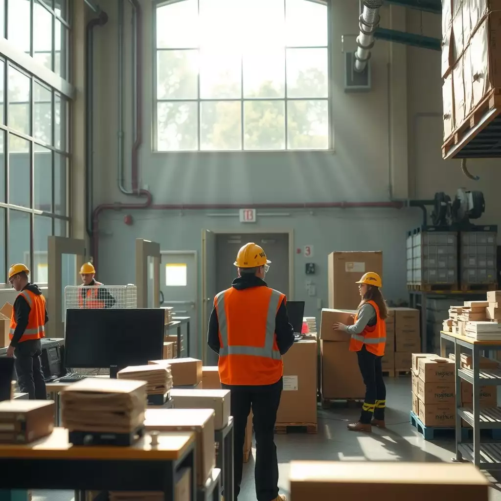 A bustling logistics facility in West Virginia, featuring employees engaged in various tasks, modern technology in use, and a vibrant, collaborative atmosphere.