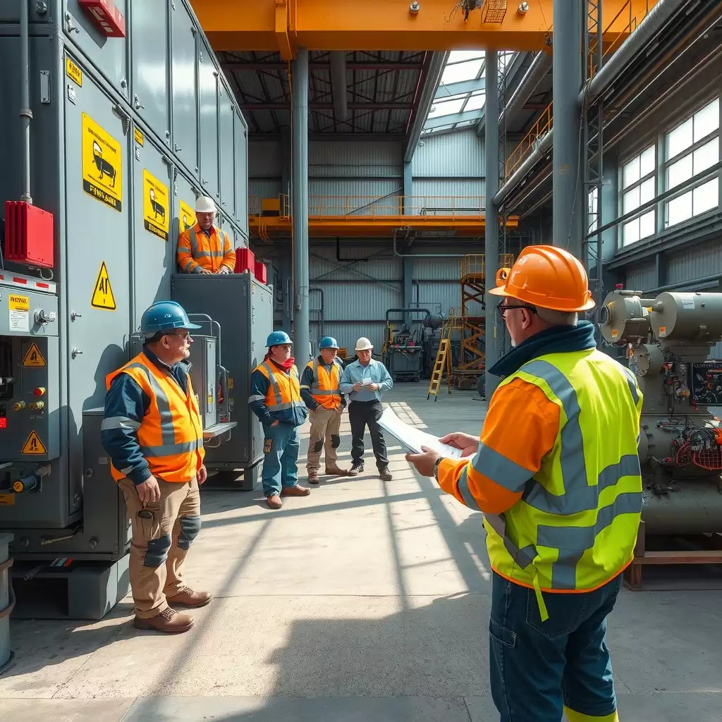 Workers participating in a safety training session in West Virginia's industrial sector, surrounded by modern equipment and safety signage, emphasizing teamwork and commitment to workplace safety.