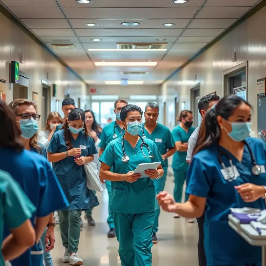 A vibrant scene depicting healthcare professionals collaborating in a bustling environment, showcasing their dedication to patient care against the backdrop of Huntington, WV's unique architecture.