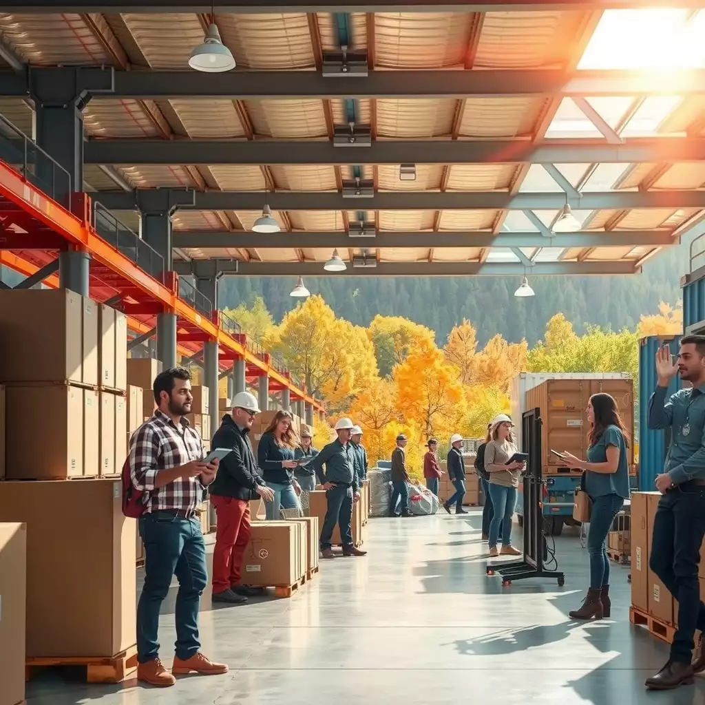 A vibrant logistics facility in West Virginia showcasing diverse team members collaborating with modern technology and equipment, set against a scenic backdrop.