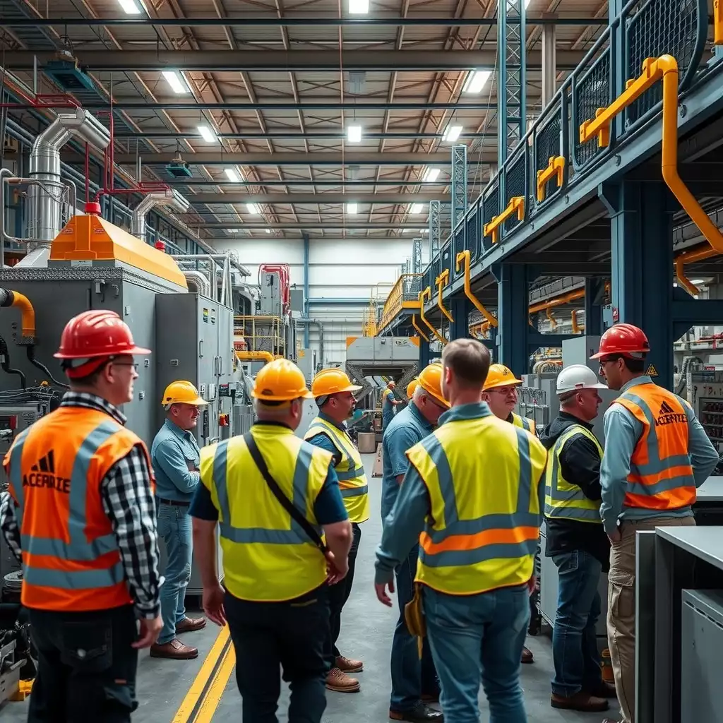 A busy West Virginia manufacturing plant during a shift change, showcasing employees in safety gear collaborating around machinery, highlighting teamwork and energy in a dynamic work environment.