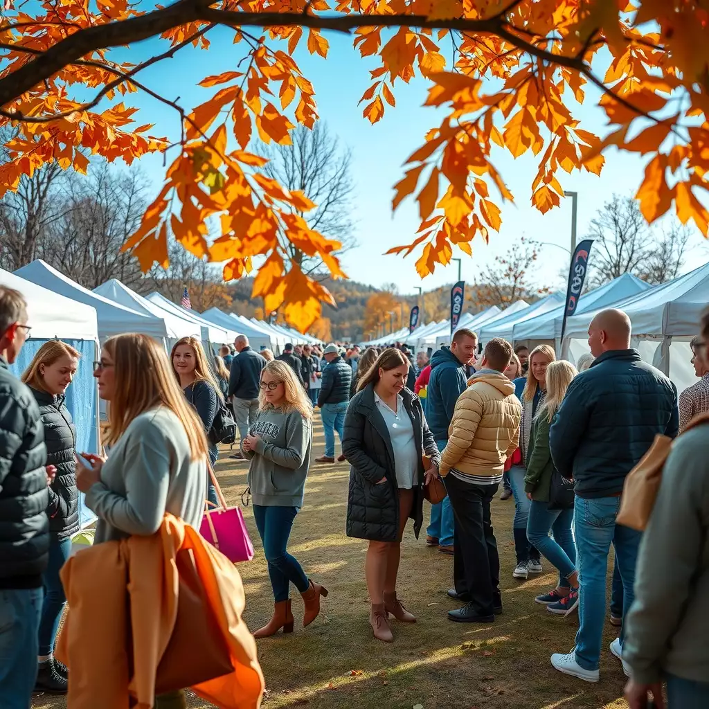 A vibrant autumn scene depicting a diverse group of job seekers interacting with local employers at a seasonal hiring event, set against the picturesque Appalachian landscape.