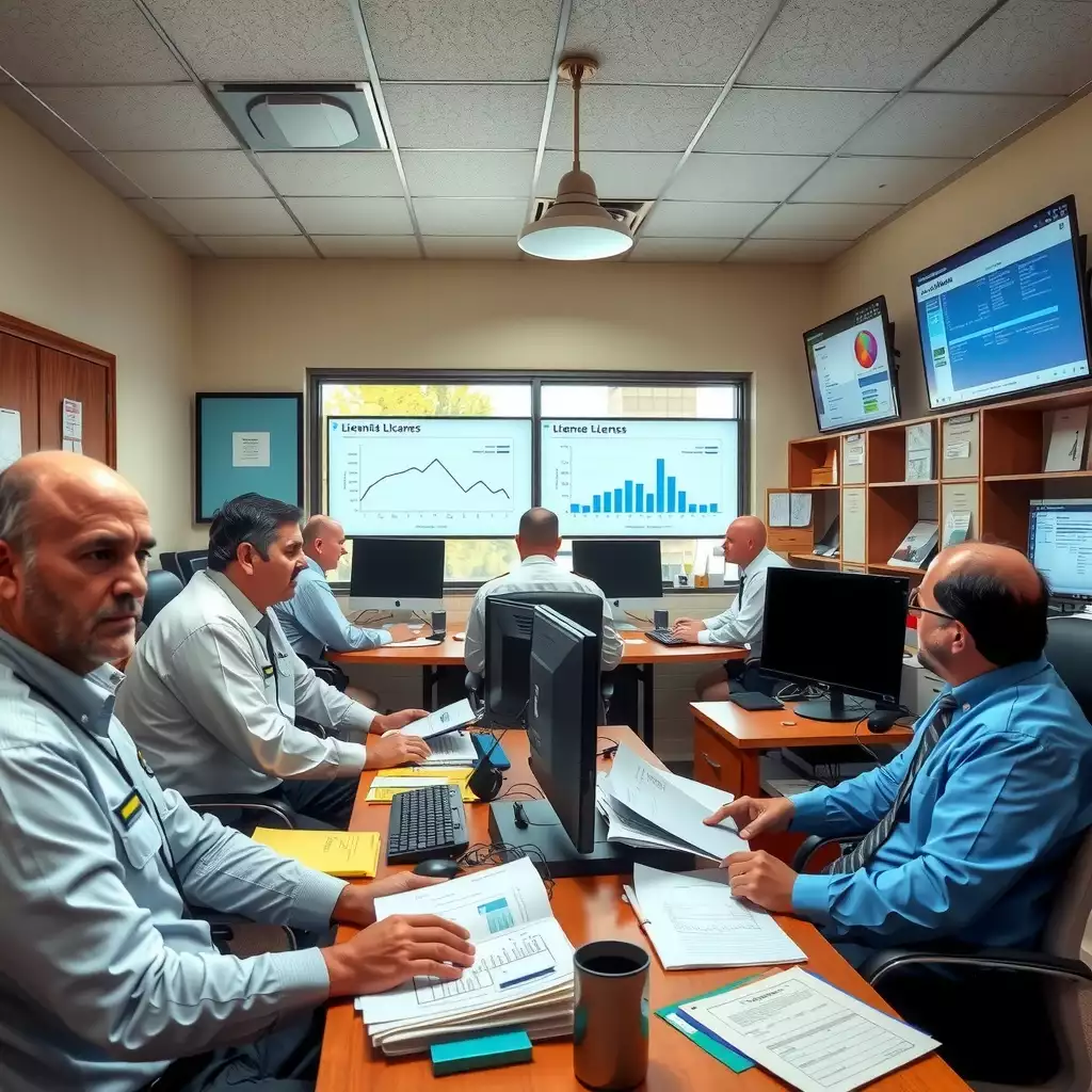 A busy office scene in West Virginia, featuring dedicated employees monitoring license expiration processes amidst paperwork and computers displaying data dashboards and charts.