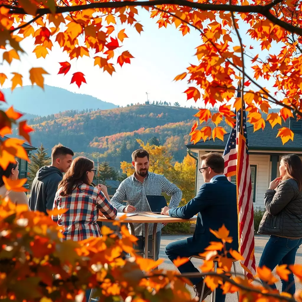 Collaboration scene between creative agency teams and local businesses in West Virginia, featuring vibrant autumn foliage and iconic landscapes.