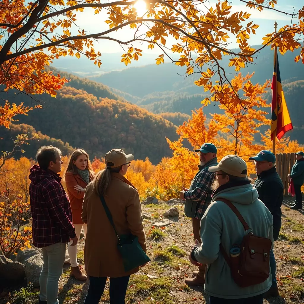 Representatives from various agencies collaborate in a scenic outdoor setting, surrounded by colorful autumn foliage and rolling hills, highlighting community engagement and commitment to preserving the West Virginia Panhandle's natural beauty.