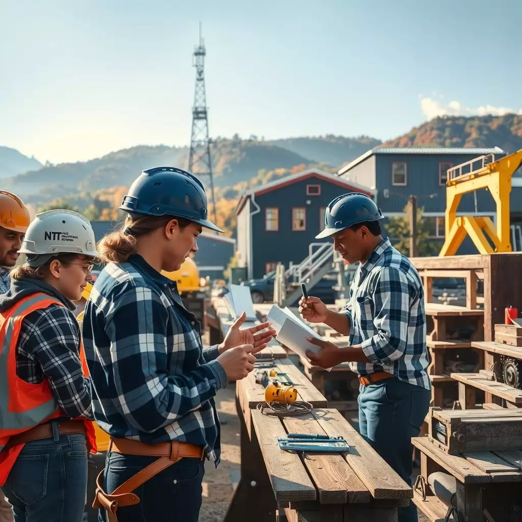A vibrant scene depicting apprentices engaged in hands-on training with mentors, set against the scenic backdrop of West Virginia's lush mountains and historic buildings, symbolizing opportunity and community spirit.