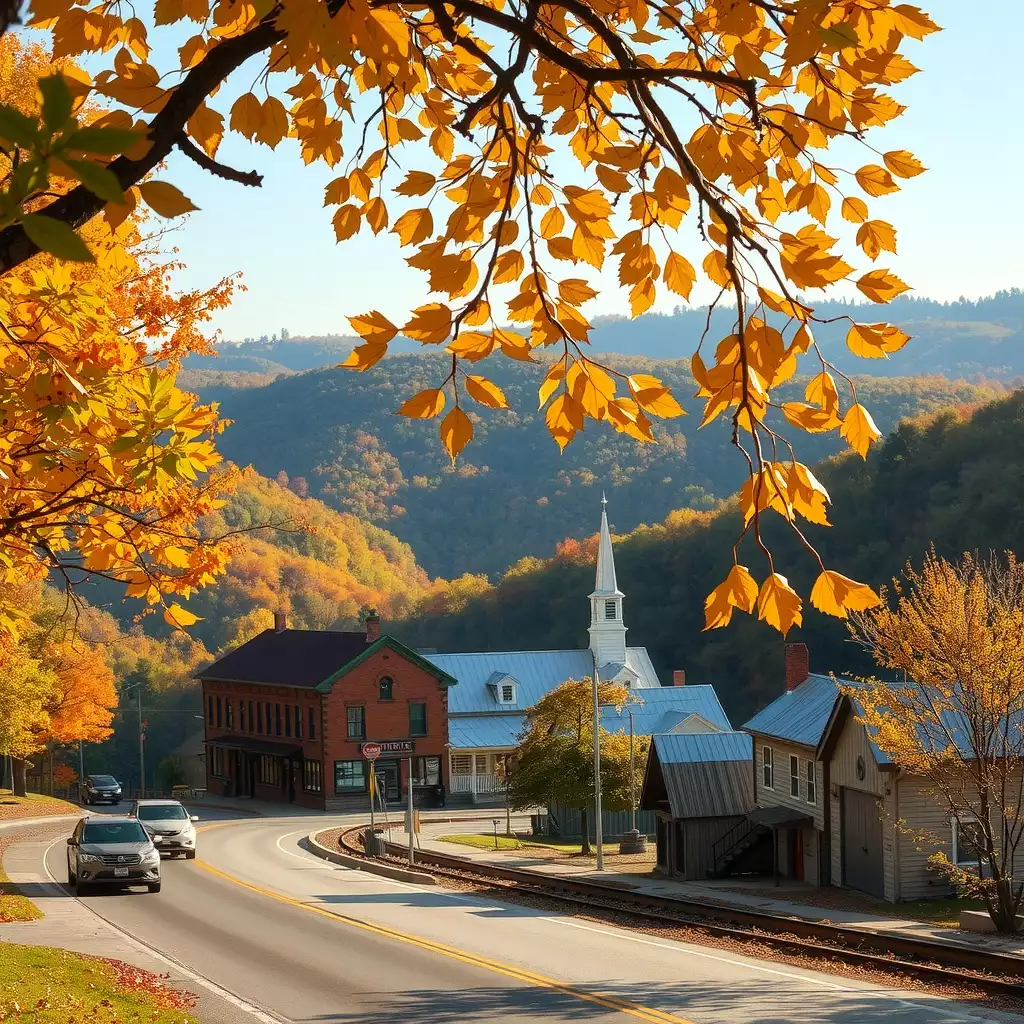 A picturesque autumn landscape in southern West Virginia, featuring rolling hills adorned with golden leaves, quaint small towns nestled in the valleys, and hints of local wildlife, evoking a sense of exploration and natural beauty.