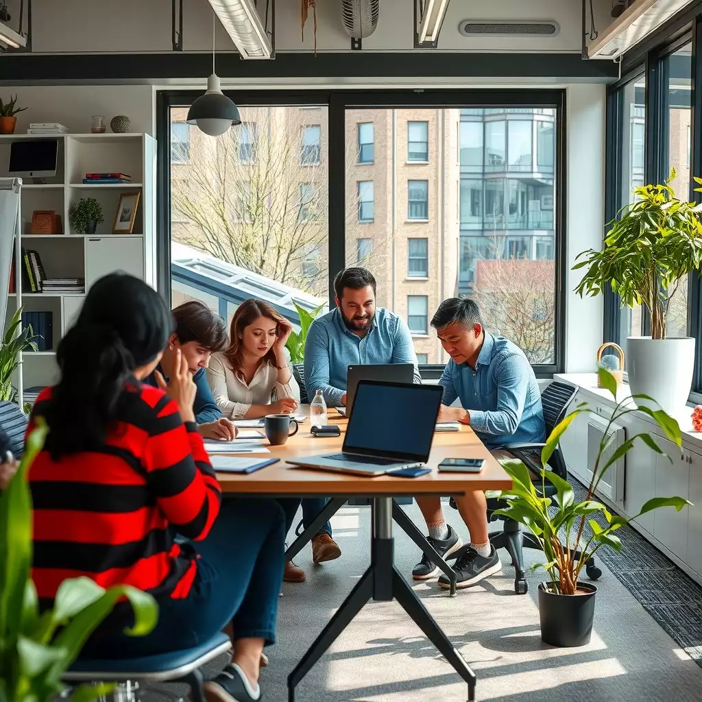 A diverse team of professionals collaborating in a vibrant workspace, surrounded by elements reflecting West Virginia's culture and landscape, showcasing innovation and teamwork.