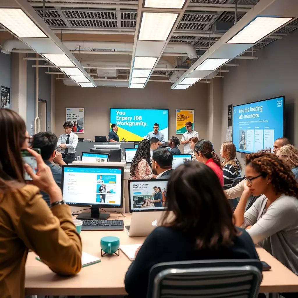 A vibrant office space filled with diverse individuals collaborating on projects, surrounded by digital screens showcasing job opportunities and motivational posters, reflecting teamwork and professional growth.