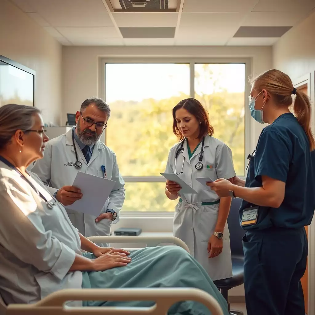 A compassionate healthcare team interacting with patients in a serene hospital setting, showcasing professionalism and community support amidst a warm and inviting atmosphere.
