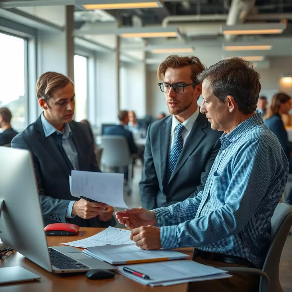 A modern office scene depicting staff members engaged in discussions about incident reporting, with visible documentation and digital tools, reflecting a professional atmosphere and elements of West Virginia's culture.