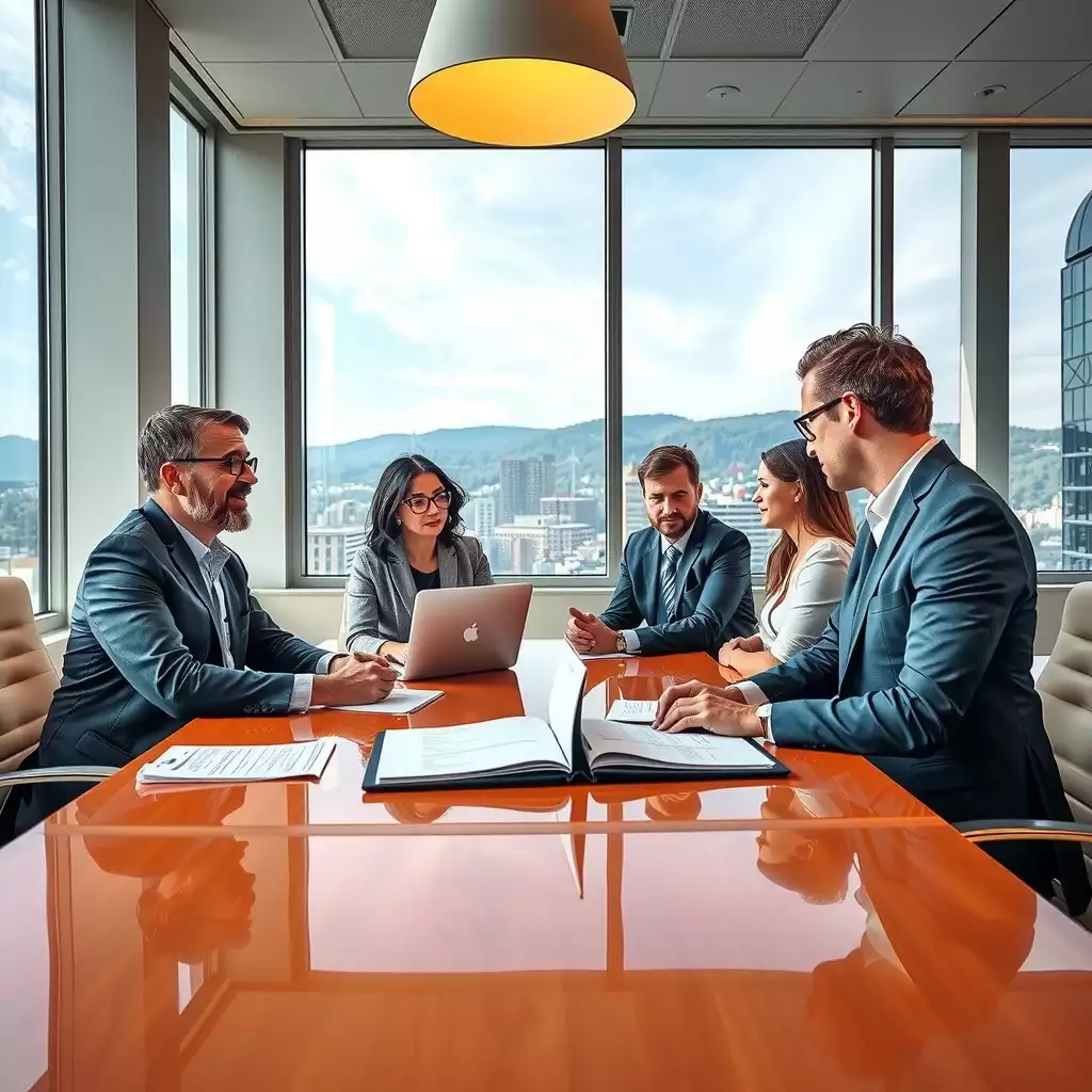 A professional office meeting with diverse legal experts reviewing contracts at a polished conference table, showcasing organized documents and natural elements visible through large windows.