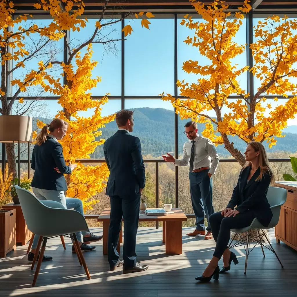 A collaborative workspace featuring professionals discussing hiring strategies, surrounded by elements reflecting West Virginia's culture and landscapes, with rustic furniture and mountain views.