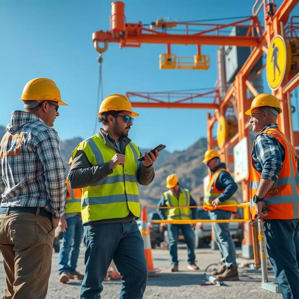 A vibrant workplace scene in West Virginia showcasing employees in safety gear, OSHA signage, and an industrial setting against a scenic backdrop, emphasizing professionalism and teamwork.