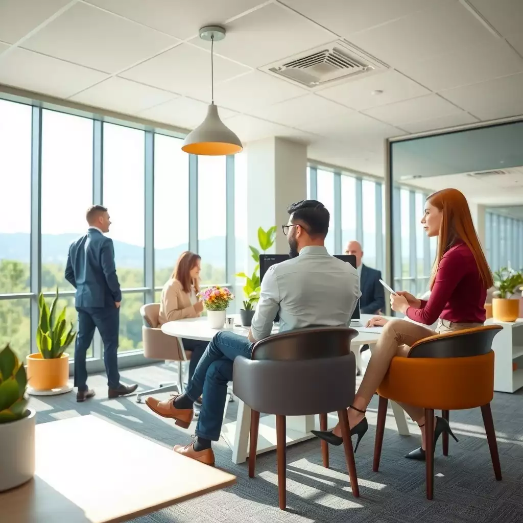 A vibrant office scene in West Virginia showcasing diverse professionals collaborating and engaging in discussions, set against a backdrop of the local landscape, symbolizing growth and community.
