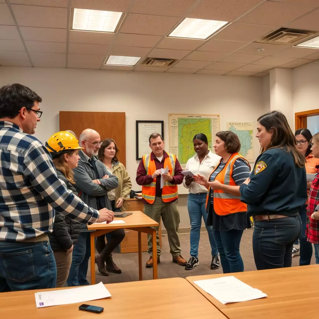 A diverse group of participants engaged in a collaborative safety training session, showcasing teamwork and communication in a well-lit training room filled with safety equipment and regional maps.