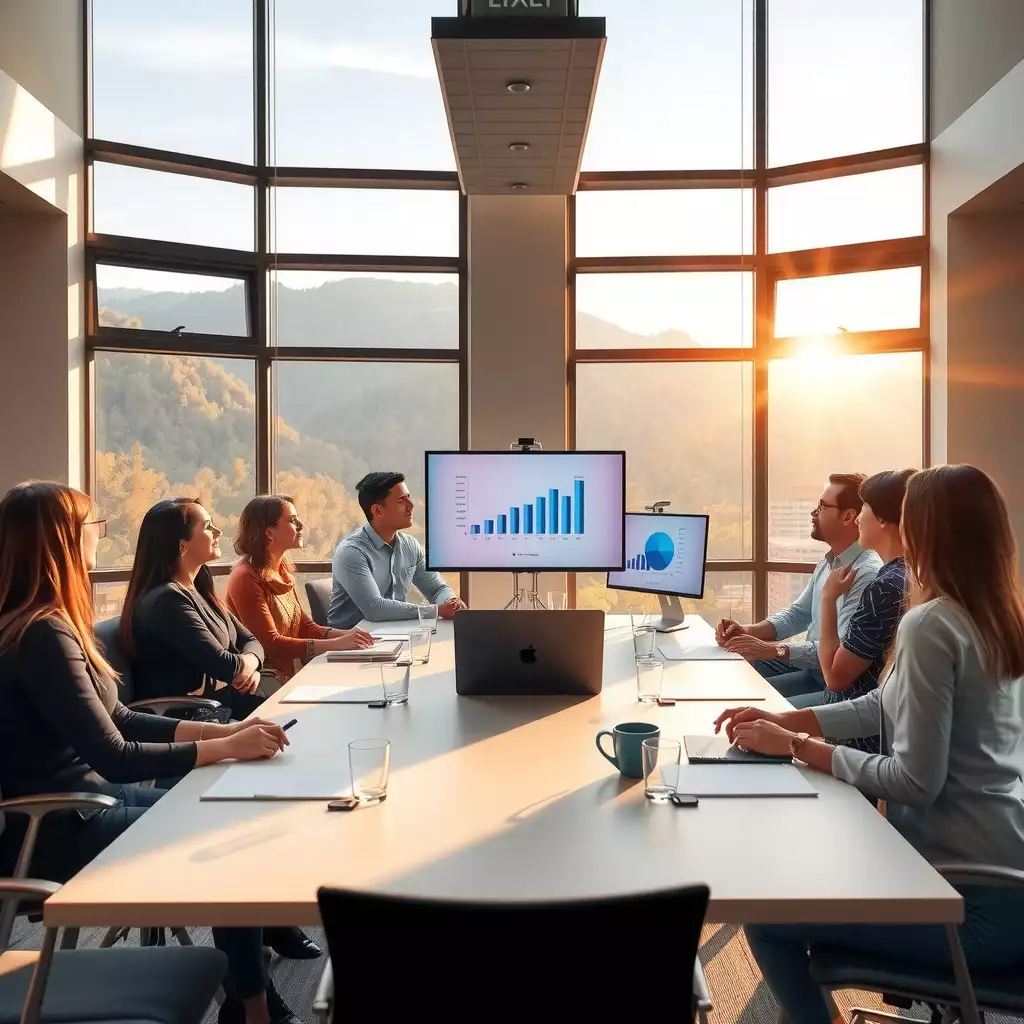 A bright conference room with large windows overlooking a mountainous landscape, featuring diverse professionals engaged in discussion around a modern table with charts and graphs displayed on screens. The atmosphere conveys innovation and teamwork.