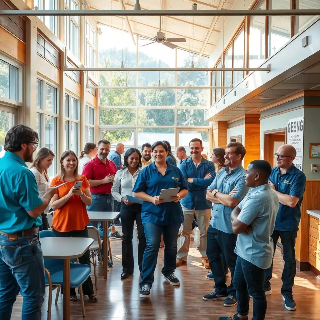 Dynamic team of service professionals collaborating in a vibrant community center, showcasing teamwork and local pride through engaging discussions and interactions.
