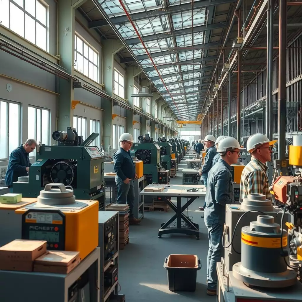 A bustling factory floor in West Virginia, featuring skilled workers operating advanced machinery, with natural light illuminating the dynamic environment and showcasing teamwork and innovation in manufacturing.