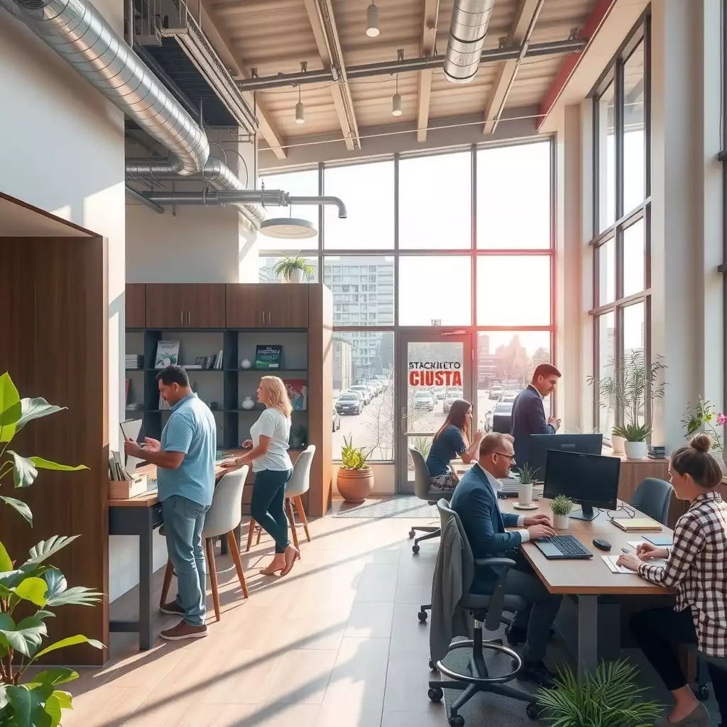 A vibrant staffing agency in Charleston, WV, showcasing engaged staff collaborating with clients in a modern office space filled with natural light, reflecting professionalism and local culture.