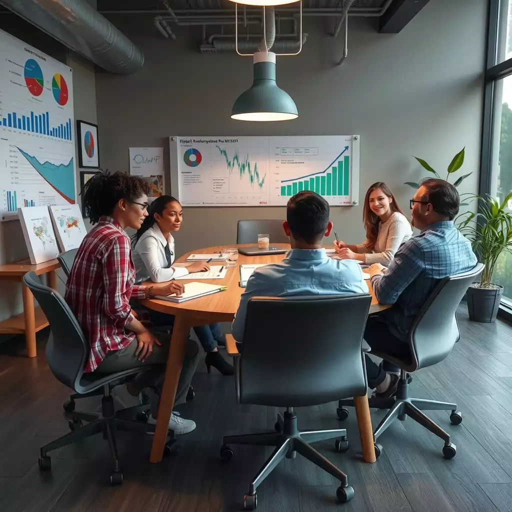 A collaborative team meeting around a conference table, featuring charts and graphs on staffing budgets and ROI projections, set in a workspace reflecting West Virginia's unique culture and industry.