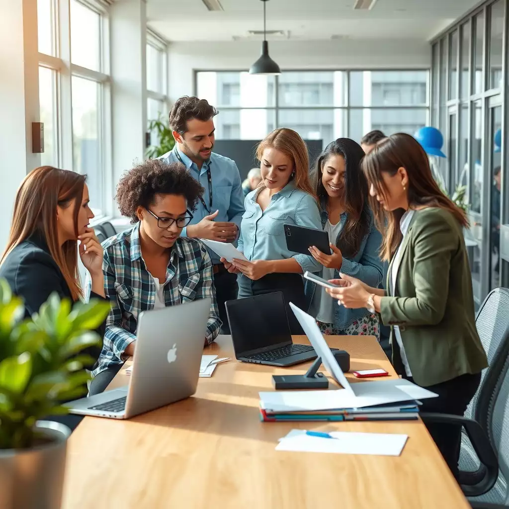A diverse group of professionals collaborating in a modern office space, showcasing teamwork and innovation with digital tools and a vibrant atmosphere reflective of Huntington, WV.