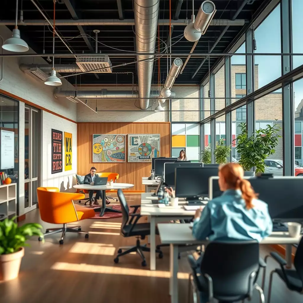 A vibrant office environment in the eastern panhandle of West Virginia, showcasing engaged employees collaborating with modern technology, reflecting local culture and innovation.