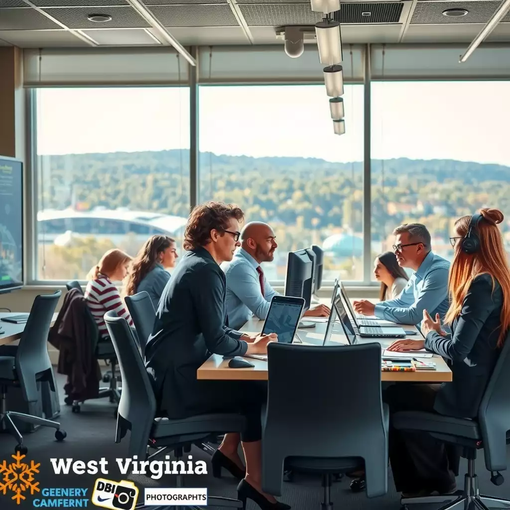A professional workspace in West Virginia showcasing diverse individuals collaborating with modern technology, set against a backdrop of scenic landscapes, emphasizing teamwork and organization in an administrative environment.
