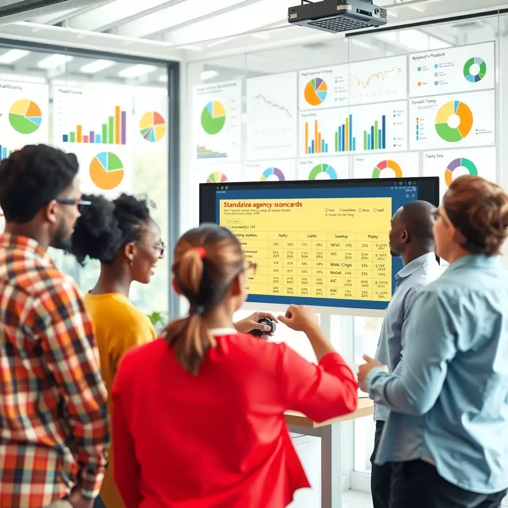 A diverse team collaborates in a modern office, discussing data metrics displayed on a large screen, surrounded by charts and graphs that emphasize teamwork and innovation.