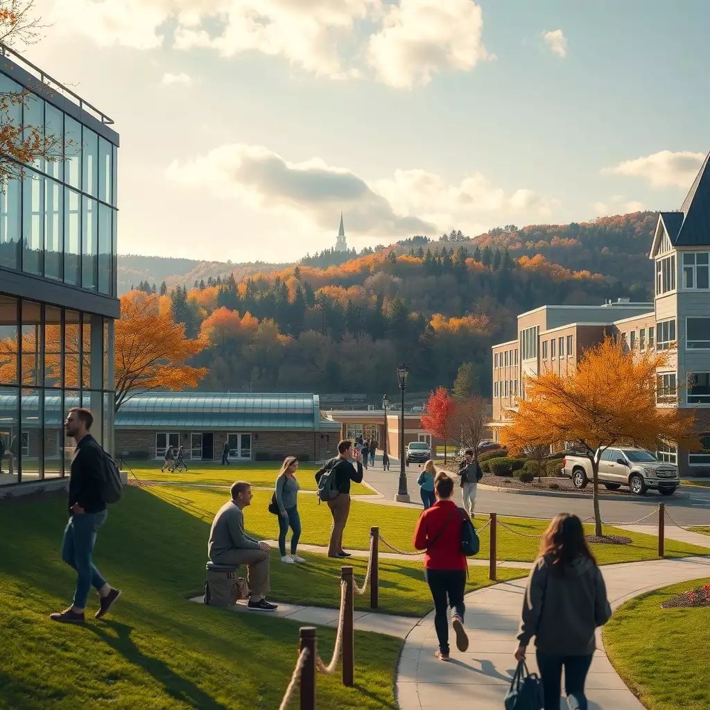 A vibrant university campus scene in North Central West Virginia, featuring students collaborating on projects amidst modern facilities and the scenic Appalachian landscape.