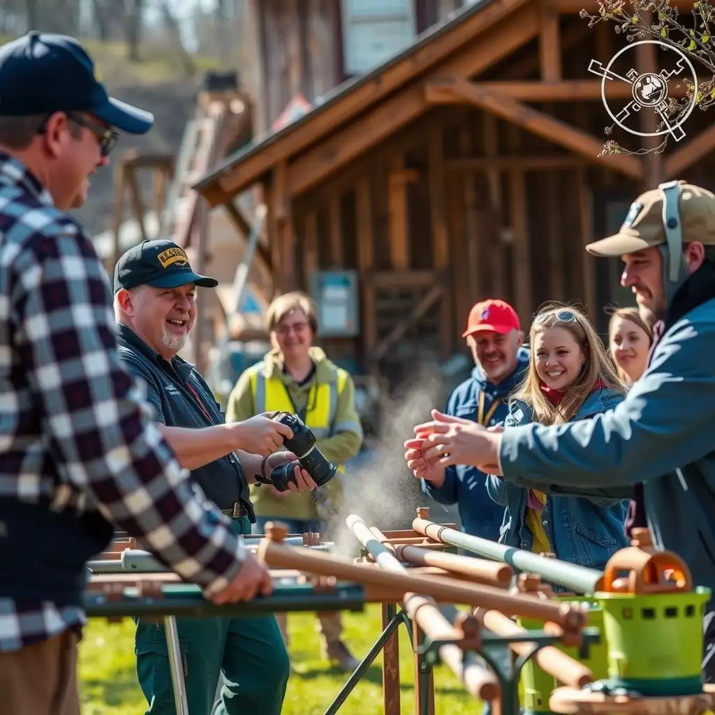 A diverse group of individuals actively participating in hands-on training activities in a picturesque West Virginia landscape, showcasing skill-building and community support.