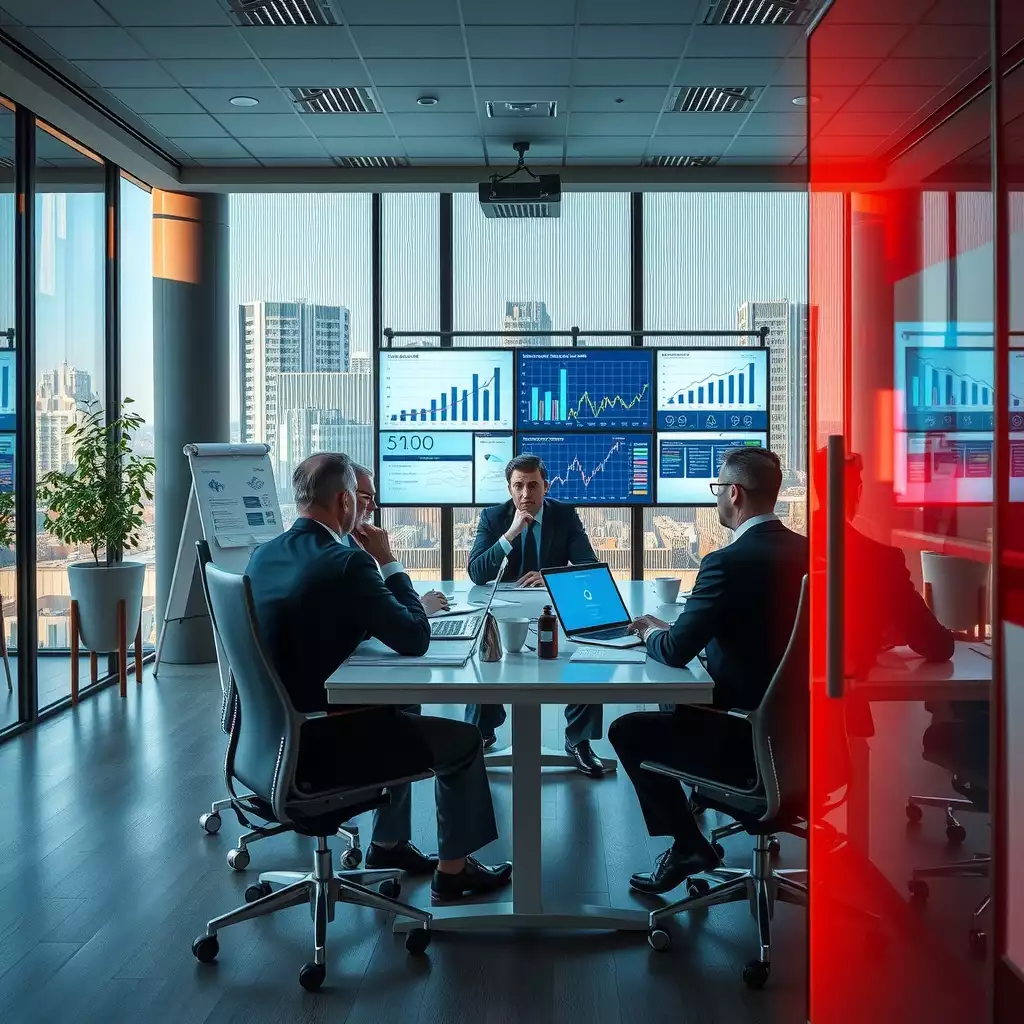 A high-stakes business meeting in a modern office, featuring professionals engaged in discussion around a conference table, with digital screens displaying graphs and charts that convey staffing metrics. The scene reflects urgency and professionalism.
