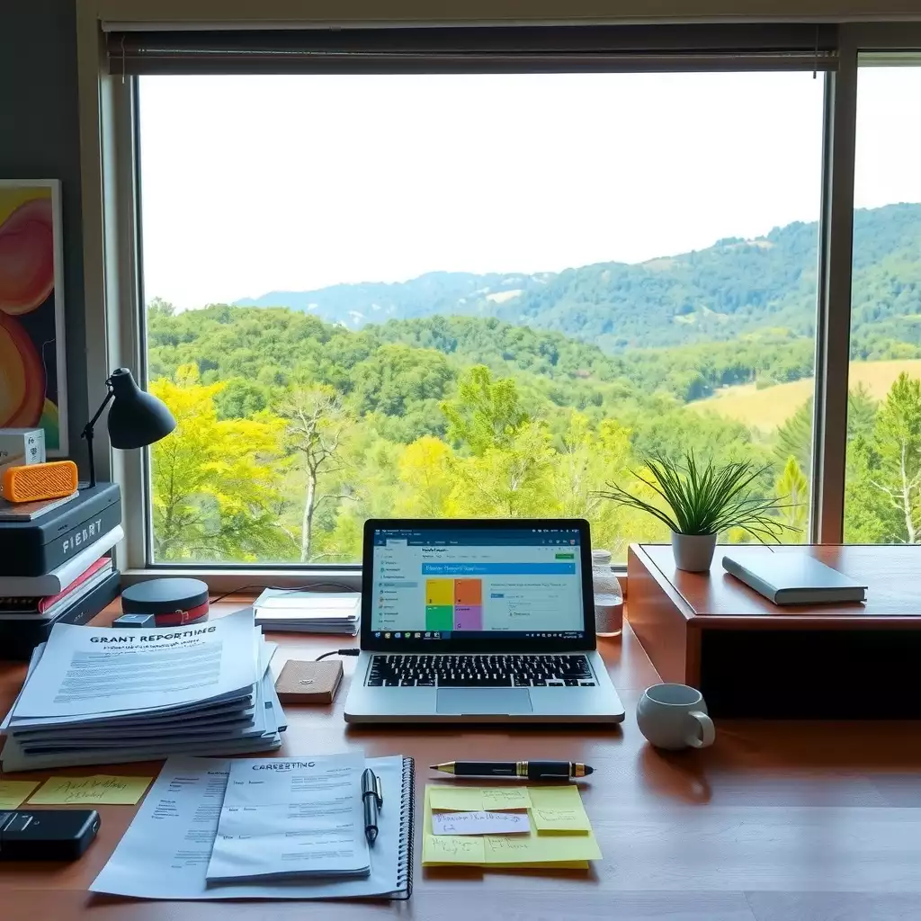 A serene workspace with a laptop, colorful sticky notes, and essential documents, set against West Virginia's rolling green hills visible through a window.